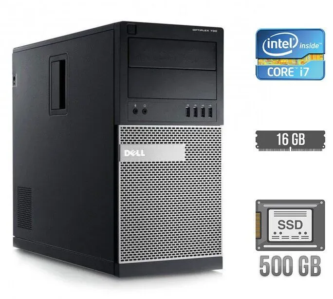 Комп'ютер Dell OptiPlex 790 Tower / Intel Core i7-2600 (4 (8) ядра по 3.4 - 3.8 GHz) / 16 GB DDR3 / 500 GB SSD / Intel HD Graphics 2000 б/в - зображення 1