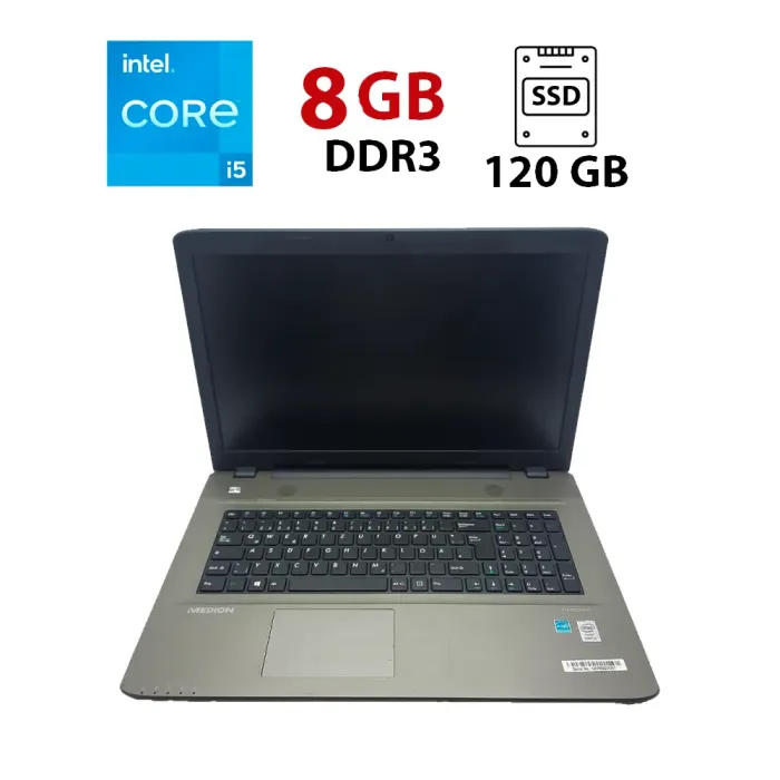 Ноутбук Medion Akoya E7416 / 17.3" (1600x900) TN / Intel Core i5-5200U (2 (4) ядра по 2.2 - 2.7 GHz) / 8 GB DDR3 / 120 GB SSD / Intel HD Graphics 5500 / WebCam / АКБ не держит б/в - зображення 1