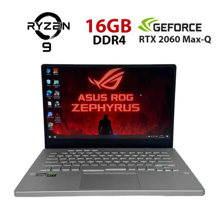 Ігровий ультрабук Б-класу Asus ROG Zephyrus G14 GA401IV / 14" (1920x1080) IPS / AMD Ryzen 9 4900HS (8 (16) ядер по 3,0 - 4,3 ГГц) / 16 ГБ DDR4 / 512 ГБ SSD NVMe / nVidia GeForce RTX 2060 Max-Q, 6 ГБ GDDR6, 192-біт б/в - изображение 1