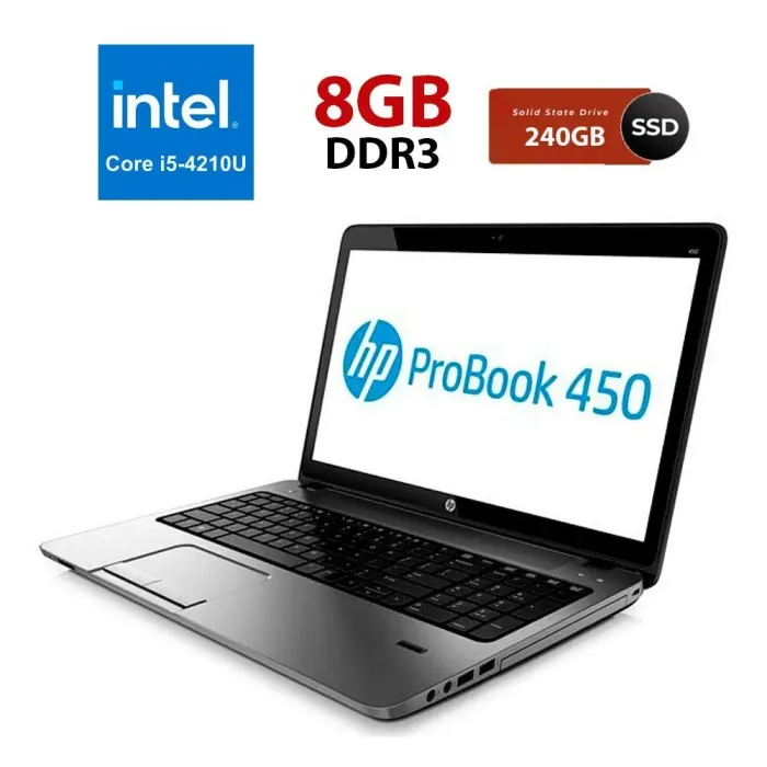 Ноутбук Б клас HP ProBook 450 G2 / 15.6" (1366x768) TN / Intel Core i5-4210U (2 (4) ядра по 1.7-2.7 GHz) / 4 GB DDR3 / 240 GB SSD /HD Graphics 4400 / WebCam б/в - зображення 1