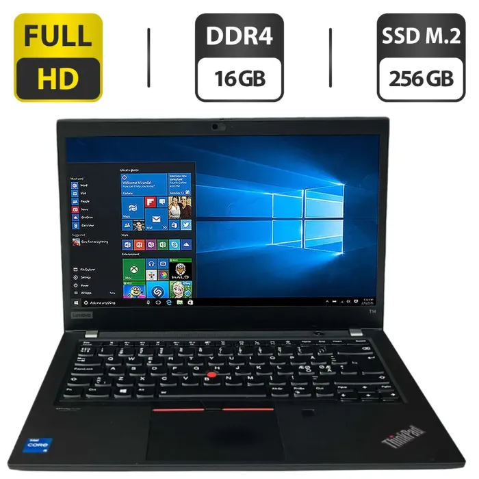 Ультрабук Lenovo ThinkPad T14 Gen 2 / 14" (1920x1080) IPS / Intel Core i5-1135G7 (4 (8) ядра по 4.2 GHz) / 16 GB DDR4 / 256 GB SSD M.2 / Intel Iris Xe Graphics / WebCam б/в - зображення 1