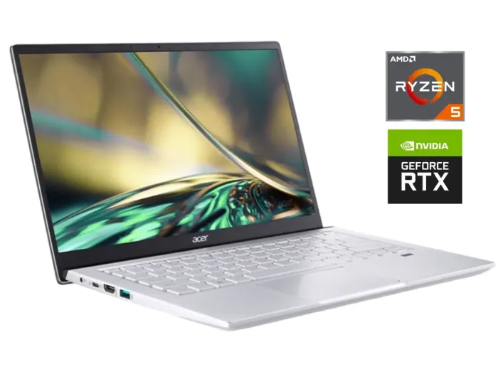Ігровий ноутбук Acer Swift X SFX14-41G / 14" (1920x1080) IPS / AMD Ryzen 5 5600U (6 (12) ядер по 2.3 - 4.2 GHz) / 8 GB DDR4 / 512 GB SSD M.2 / nVidia GeForce RTX 3050, 4 GB GDDR6, 128-bit / WebCam / Win 11 Home б/в - зображення 1