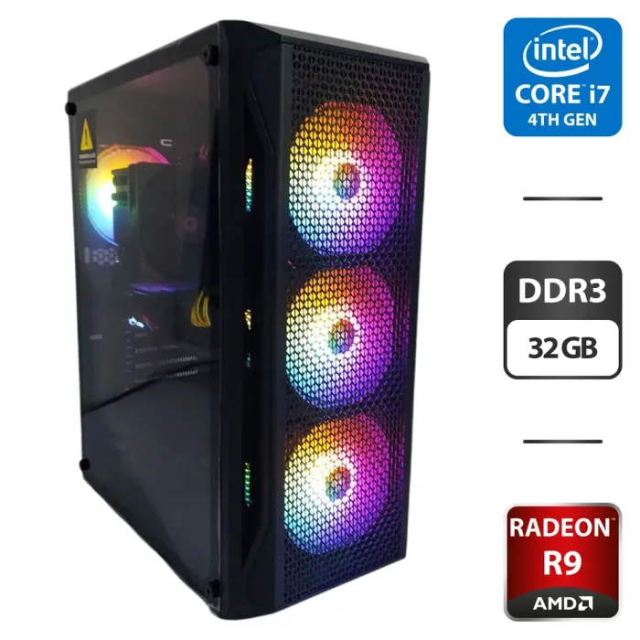 Комп'ютер 1stPlayer X5 Fire Base Tower / Intel Core i7-4790 (4 (8) ядра по 3,6 - 4,0 ГГц) / 32 ГБ DDR3 / 120 ГБ SSD + 512 ГБ SSD + 500 ГБ HDD / AMD Radeon R9 390, 8 ГБ GDDR5, 512-біт / 630 Вт б/в - зображення 1