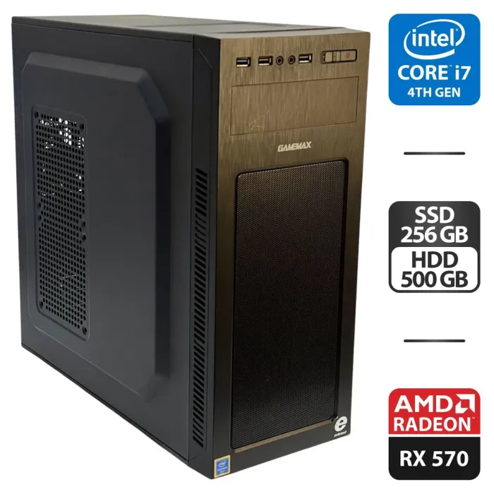 Комп'ютер GameMax MT520 Black Tower / Intel Core i7-4790S (4 (8) ядра по 3.2 - 4.0 GHz) / 16 GB DDR3 / 256 GB SSD + 500 GB HDD / AMD Radeon RX 570, 4 GB GDDR5, 256-bit / 500W б/в - зображення 1