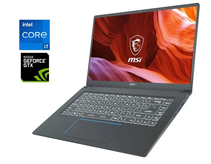 Ігровий ультрабук MSI Prestige 15 A11SCX / 15.6" (1920x1080) IPS / Intel Core i7-1185G7 (4 (8) ядра по 3.0 - 4.8 GHz) / 16 GB DDR4 / 512 GB SSD / nVidia GeForce GTX 1650 Max-Q, 4 GB GDDR5, 128-bit / WebCam / Win 11 Home б/в - зображення 1