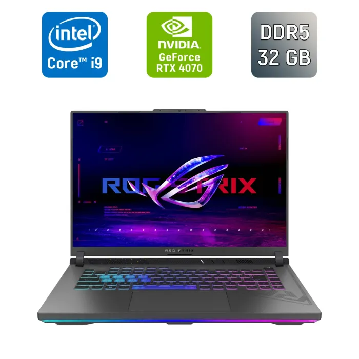 Ігровий ноутбук Asus ROG Strix G16 G614YIR / 16" (1920x1080) IPS / Intel Core i9-14900HX (24 (32) ядра по 1,6 - 5,8 ГГц) / 32 ГБ DDR5 / 1000 ГБ SSD / nVidia GeForce RTX 4070, 8 ГБ GDDR6, 128-bit / WebCam / Windows 11 б/в - зображення 1