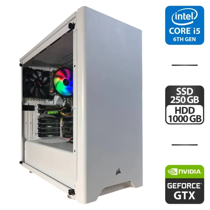 Ігровий ПК Corsair Carbide 275R Tempered Glass White Tower / Intel Core i5-6500 (4 ядра 3,2 - 3,6 ГГц) / 16 ГБ DDR4 / 250 ГБ SSD + 1000 ГБ HDD / nVidia GeForce GTX 1080, 8 ГБ GDDR5X, 256-біт / 500 Вт б/в - зображення 1