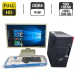 Комплект ПК: комп'ютер Fujitsu Esprimo P558 E85 Tower / Intel Core i3-8100 (4 ядра по 3.6 GHz) / 8 GB DDR4 / 128 GB SSD + 500 GB HDD / Intel UHD Graphics 630 + Монітор Б-клас Acer B246HL / 24" (1920x1080) TN + Клавіатура, мишка, кабелі б/в