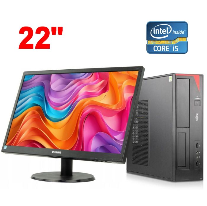 Комплект ПК Б-клас: Fujitsu Esprimo E420 E85+ SFF / Intel Core i5-4670 (4 ядра по 3,4 - 3,8 ГГц) / 8 ГБ DDR3 / 240 ГБ SSD / Intel HD Graphics 4600 + Монітор Philips 223V5L / 22" (1920x1080) TN / 1x VGA / VESA 100x100 б/в - зображення 1