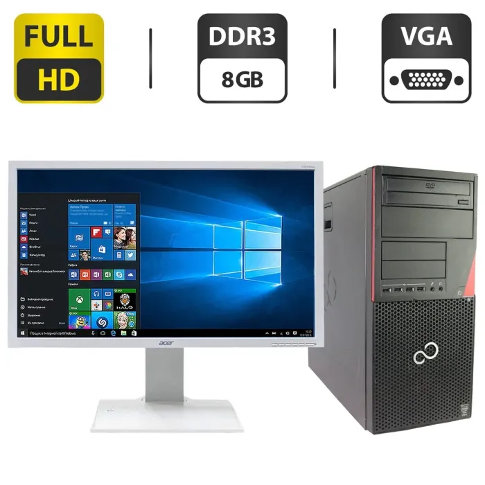 Комплект ПК: комп'ютер Fujitsu Esprimo P520 E85 Tower / Intel Core i5-4430 (4 ядра по 3.0 - 3.2 GHz) / 8 GB DDR3 / 500 GB HDD / Intel HD Graphics 4600 + Монітор Б-клас Acer B243HL / 24" (1920x1080) TN / VGA б/в - зображення 1