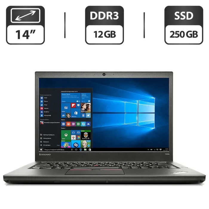 Ноутбук Б-клас Lenovo ThinkPad T450s / 14" (1600x900) TN / Intel Core i7-5600U (2 (4) ядра по 2.6 - 3.2 GHz) / 12 GB DDR3 / 250 GB SSD / Intel HD Graphics 5500 / WebCam / VGA / Windows 10 Pro / Дві АКБ (одна посилена) б/в - зображення 1