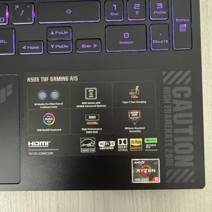 Ігровий ноутбук Asus TUF Gaming A15 FA507NU / 15.6" (1920x1080) IPS / AMD Ryzen 5 7535HS (6 (12) ядер по 3,3 - 4,55 ГГц) / 16 ГБ DDR5 / 512 ГБ SSD NVMe / nVidia GeForce RTX 4050, 6 ГБ GDDR6, 96-біт / WebCam б/в - зображення 7