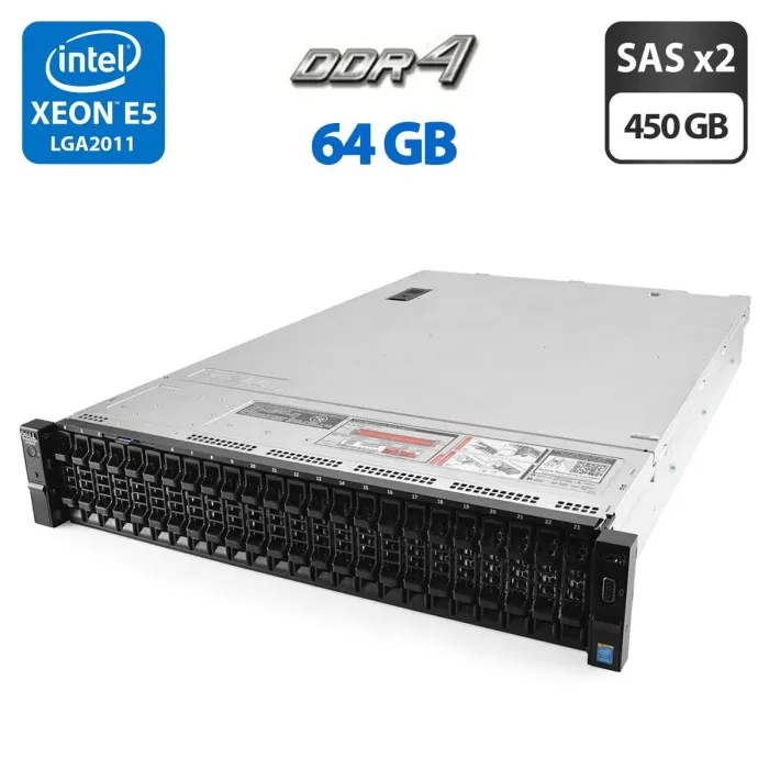 Сервер Dell PowerEdge R730xd 24SFF 2U Rack / 2x Intel Xeon E5-2697 v4 (18 (36) ядер по 2.3 - 3.6 GHz) / 64 GB DDR4 / 2x 450 GB SAS / Matrox G200eR2 / 2x 750W б/в - зображення 1