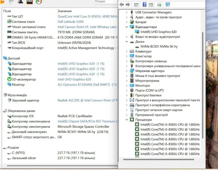 Ноутбук Dell Latitude 5300 / 13.3" (1920x1080) IPS / Intel Core i5-8365U (4 (8) ядра по 1.6 - 4.1 GHz) / 8 GB DDR4 / 240 GB SSD / Intel UHD Graphics / WebCam б/в - зображення 12