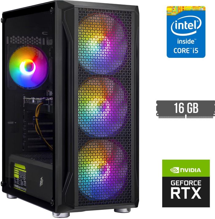 Ігровий ПК DTop Gaming i95R RGB SSD Tower / Intel Core i5-4590 (4 ядра по 3,3 - 3,7 ГГц) / 16 ГБ DDR3 / 480 ГБ SSD / nVidia GeForce RTX 3050, 6 ГБ GDDR6, 96-біт / 450 Вт б/в - зображення 1