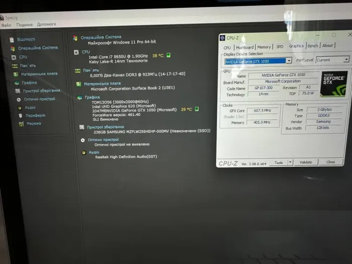 Ігровий ультрабук-трансформер Microsoft Surface Book 2 / 15.0" (3000x2000) IPS Touch / Intel Core i7-8650U (4 (8) ядра по 1.9 - 4.2 GHz) / 8 GB DDR4 / 256 GB SSD / nVidia GeForce GTX 1050, 2 GB GDDR5, 128-bit / WebCam / Win 11 Pro б/в - зображення 7