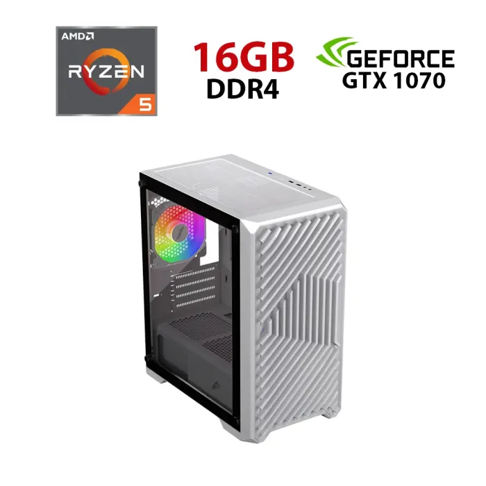 Ігровий ПК ICE T5-WH-4F1-W White Tower / AMD Ryzen 5 5500 (6 (12) ядер по 3,6 - 4,2 ГГц) / 16 ГБ DDR4 / 480 ГБ SSD / nVidia GeForce GTX 1070, 8 ГБ GDDR5, 256-біт - зображення 1