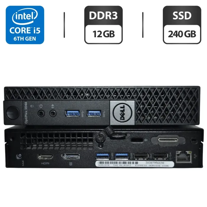 Неттоп Dell OptiPlex 3040 Micro USFF / Intel Core i5-6500T (4 ядра по 2.5 - 3.1 GHz) / 12 GB DDR3 / 240 GB SSD / Intel HD Graphics 530 / Windows 11 Pro + Блок живлення б/в - зображення 1