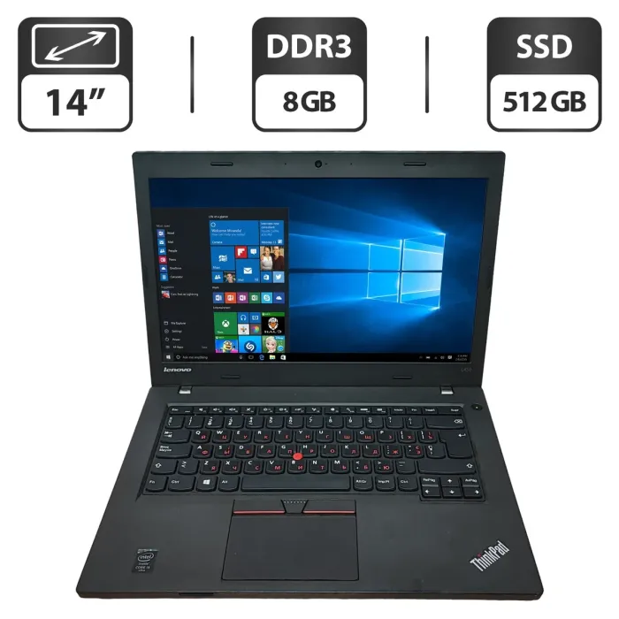 Ноутбук Б-клас Lenovo ThinkPad L450 / 14" (1366x768) TN / Intel Core i5-4300U (2 (4) ядра по 1.9 - 2.9 GHz) / 8 GB DDR3 / 512 GB SSD / Intel HD Graphics 4400 / WebCam б/в - зображення 1