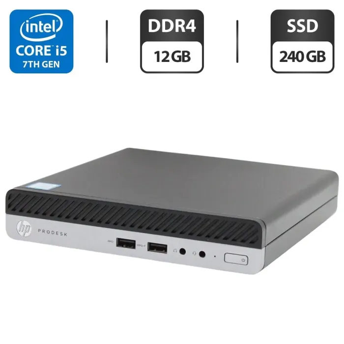 Неттоп HP ProDesk 400 G3 Mini PC USFF / Intel Core i5-7500T (4 ядра по 2.7 - 3.3 GHz) / 12 GB DDR4 / 240 GB SSD / Intel HD Graphics 630 / Windows 11 Pro б/в - зображення 1