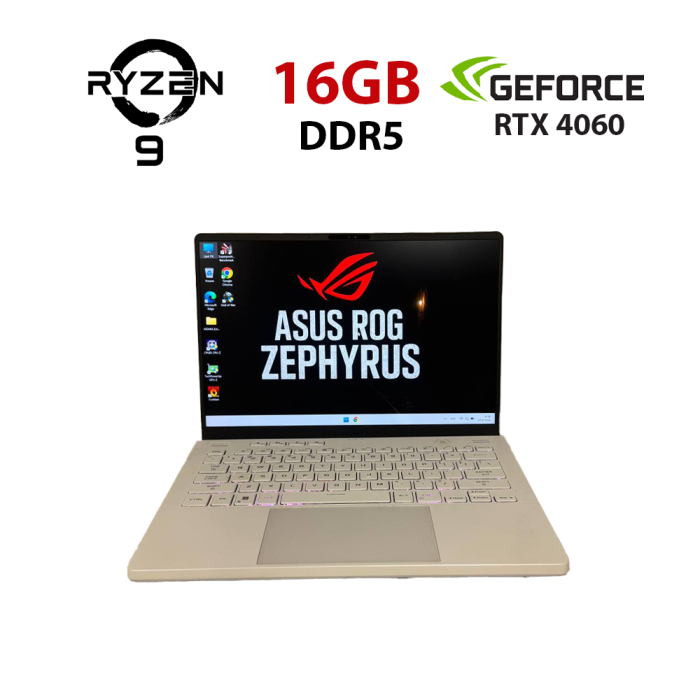 Ігровий ультрабук Asus ROG Zephyrus G14 GA402XV White / 14" (2560x1600) IPS / AMD Ryzen 9 7940HS (8 (16) ядер по 4.0 - 5.2 GHz) / 16 GB DDR5 / 512 GB SSD NVMe / nVidia GeForce RTX 4060, 8 GB GDDR6, 128-bit / WebCam б/в - изображение 1