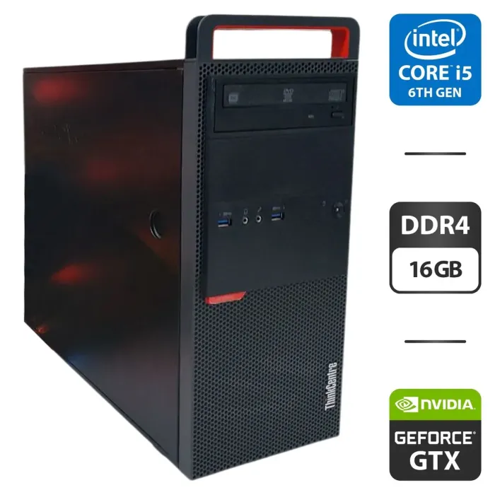 Комп'ютер Lenovo ThinkCentre M800 Tower / Intel Core i5-6600K (4 ядра по 3,5 - 3,9 ГГц) / 16 ГБ DDR4 / 512 ГБ SSD + 500 ГБ HDD / nVidia GeForce GTX 1050 Ti, 4 ГБ GDDR5, 128-біт / DVD-ROM б/в - зображення 1