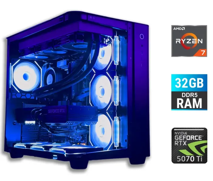 Ігровий ПК Tower / AMD Ryzen 7 7700 (8 (16) ядер по 3,8 - 5,3 ГГц) / 32 ГБ DDR5 / 1000 ГБ SSD / nVidia GeForce RTX 5070 Ti, 16 ГБ GDDR7, 256-біт / 800 Вт б/в - зображення 1