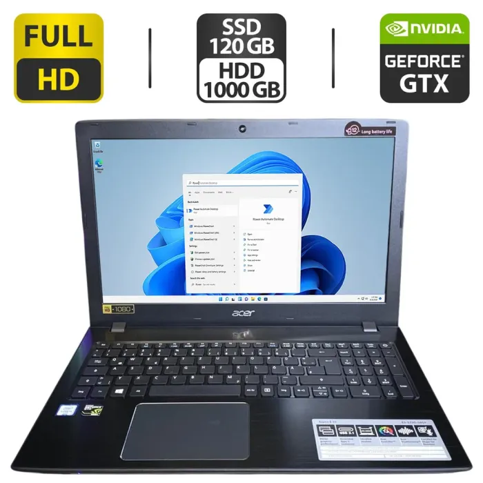 Ноутбук Acer Aspire E15 / 15.6" (1920x1080) TN / Intel Core i5-6200U (2 (4) ядра по 2.3 - 2.8 GHz) / 8 GB DDR4 / 120 GB SSD + 1000 GB HDD / nVidia GeForce GTX 950, 2 GB GDDR5, 128-bit / WebCam / DVD-ROM б/в - зображення 1