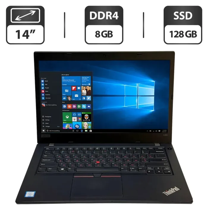 Ультрабук Б-клас Lenovo ThinkPad L480 / 14" (1366x768) TN / Intel Core i5-8350U (4 (8) ядра по 1.7 - 3.6 GHz) / 8 GB DDR4 / 128 GB SSD / Intel UHD Graphics 620 / WebCam / Windows 10 Pro б/в - зображення 1