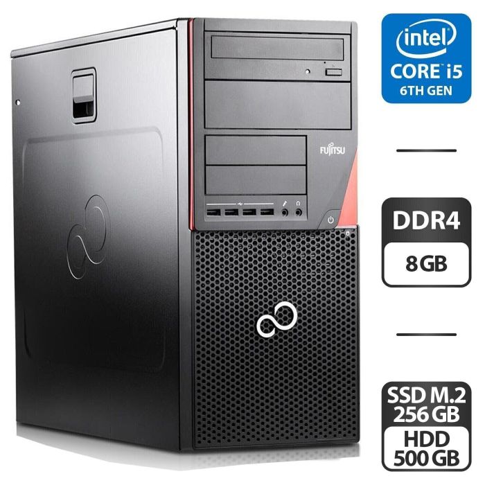Комп'ютер Fujitsu Esprimo P756 E90 Tower / Intel Core i5-6500 (4 ядра по 3,2 - 3,6 ГГц) / 8 ГБ DDR4 / 256 ГБ SSD M.2 + 500 ГБ HDD / Intel HD Graphics 530 / DVD-ROM / Windows 11 Pro б/в - зображення 1