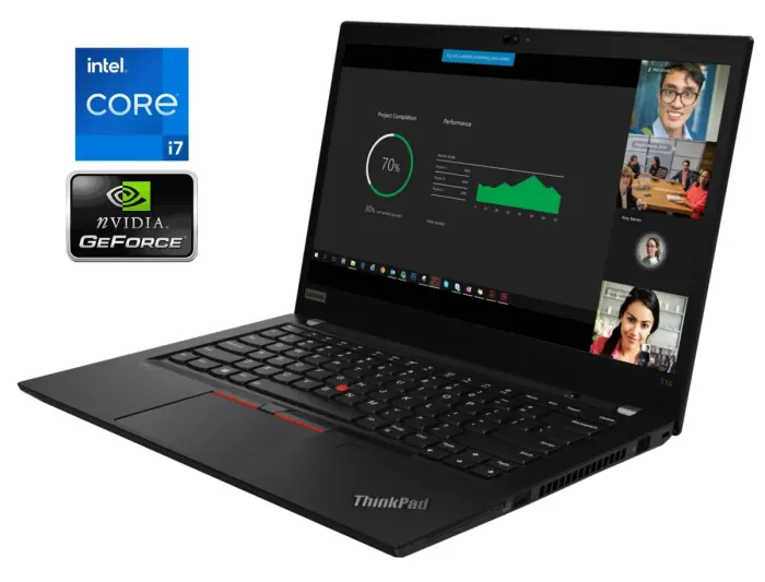 Ультрабук Lenovo ThinkPad T14 Gen 2 / 14" (1920x1080) IPS Touch / Intel Core i7-1185G7 (4 (8) ядра по 1.2 - 4.8 GHz) / 16 GB DDR4 / 256 GB SSD NVMe / nVidia GeForce MX450, 2 GB GDDR6, 64-bit / WebCam б/в - зображення 1