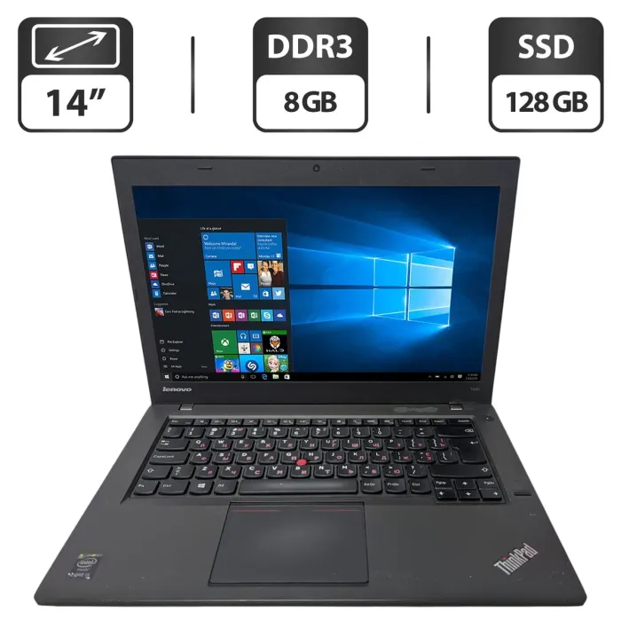 Ноутбук Б-клас Lenovo ThinkPad T440 / 14" (1600x900) TN / Intel Core i5-4210U (2 (4) ядра по 1.7 - 2.7 GHz) / 8 GB DDR3 / 128 GB SSD / Intel HD Graphics 4400 / WebCam б/в - зображення 1