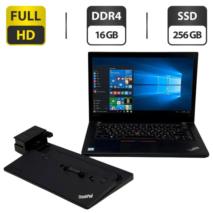 Ноутбук Lenovo ThinkPad T470 / 14" (1920x1080) IPS Touch / Intel Core i5-7300U (2 (4) ядра по 2.6 - 3.5 GHz) / 16 GB DDR4 / 256 GB SSD / Intel HD Graphics 520 / WebCam / Windows 10 Pro + Lenovo Dock Station б/в - зображення 1