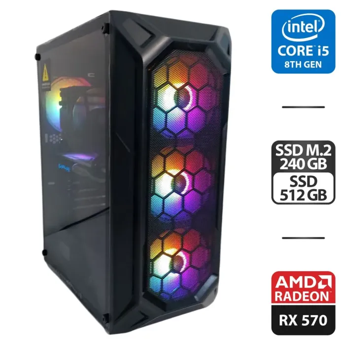 Ігровий ПК 1stPlayer FireBase X6 Tower / Intel Core i5-8500 (6 ядер по 3.0 - 4.1 GHz) / 16 GB DDR4 / 240 GB SSD M.2 + 512 GB SSD / AMD Radeon RX 570, 8 GB GDDR5, 256-bit / 500W б/в - зображення 1