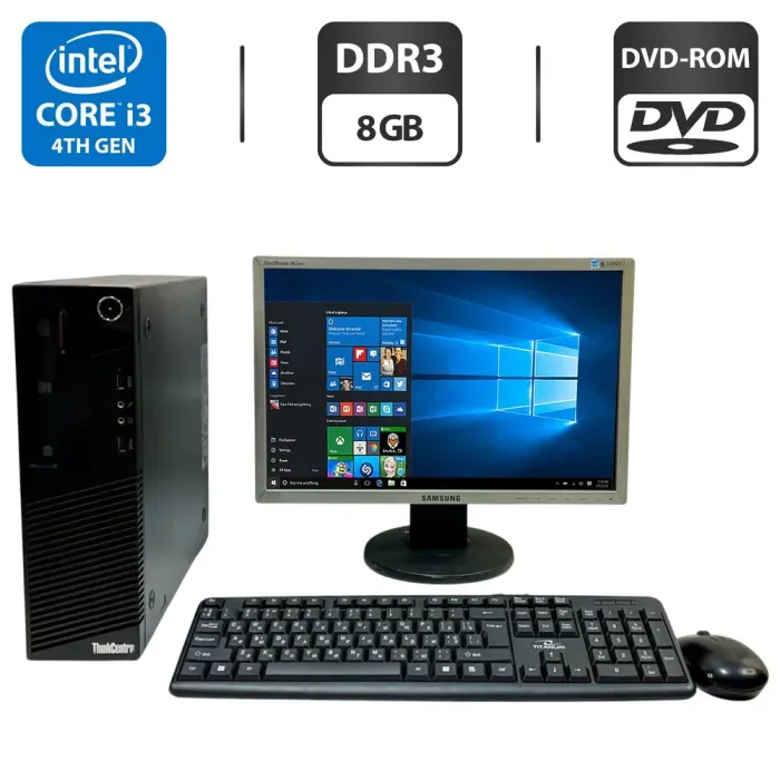 Комплект ПК: неттоп Lenovo ThinkCentre M93p Tiny USFF / Intel Core i3-4130 (2 (4) ядра по 3.4 GHz) / 8 GB DDR3 / 500 GB HDD / Intel HD Graphics 4400 / DVD-ROM + Монітор Б-клас Samsung SyncMaster 943NW / 19" (1440x900) TN + Клавіатура, мишка, кабелі б/в - зображення 1