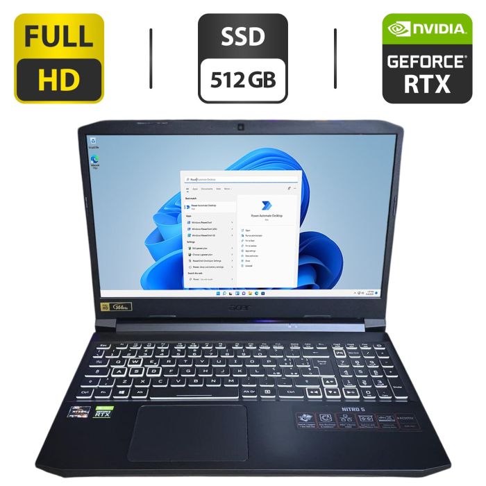 Ігровий ноутбук Acer Nitro 5 / 15.6" (1920x1080) IPS / AMD Ryzen 7 5800H (8 (16) ядер по 3.2 - 4.4 GHz) / 16 GB DDR4 / 512 GB SSD / nVidia GeForce RTX 3070, 8 GB GDDR6, 256-bit / WebCam б/в - зображення 1