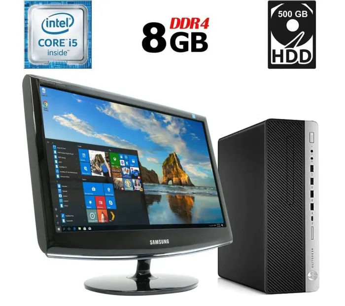 Комплект ПК: HP EliteDesk 800 G3 SFF / Intel Core i5-6500 (4 ядра по 3.2 - 3.6 GHz) / 8 GB DDR4 / 500 GB HDD / Intel HD Graphics 530 + Монітор Samsung SyncMaster 2033SN / 20" (1600x900) TN+film / VGA б/в - зображення 1