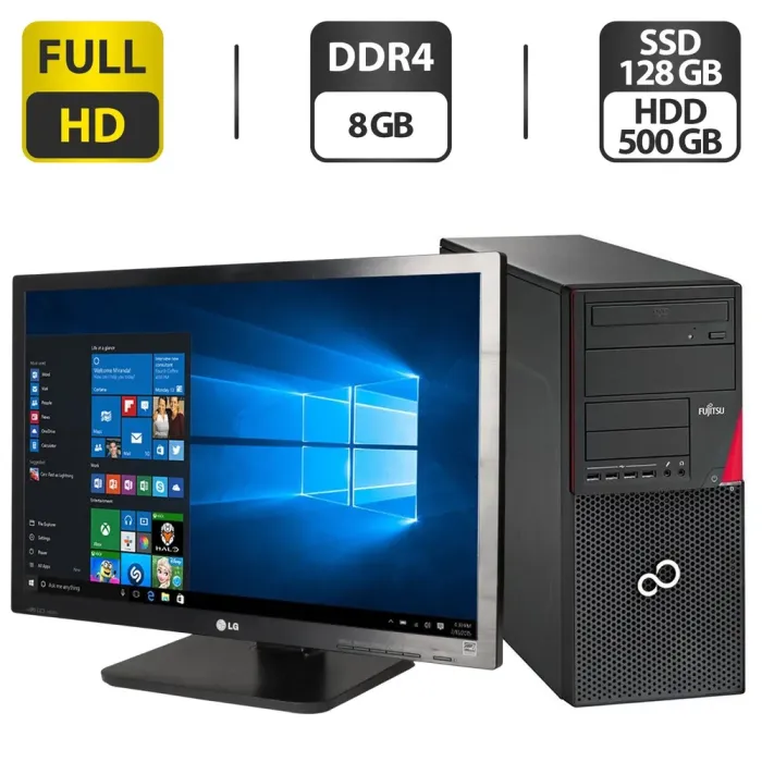 Комплект ПК: комп'ютер Fujitsu Esprimo P756 E90+ Tower / Intel Core i5-6400 (4 ядра по 2.7 - 3.3 GHz) / 8 GB DDR4 / 128 GB SSD + 500 GB HDD / Intel HD Graphics 530 +Монітор LG 24EB23PM / 24" (1920x1080) TN б/в - зображення 1