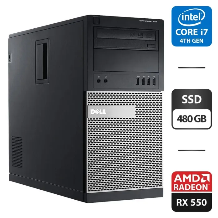 Комп'ютер Dell OptiPlex 9020 Tower / Intel Core i7-4770 (4 (8) ядра по 3.4 - 3.8 GHz) / 16 GB DDR3 / 480 GB SSD / AMD Radeon RX 550, 4 GB GDDR5, 128-bit / DVD-ROM / DVI б/в - зображення 1