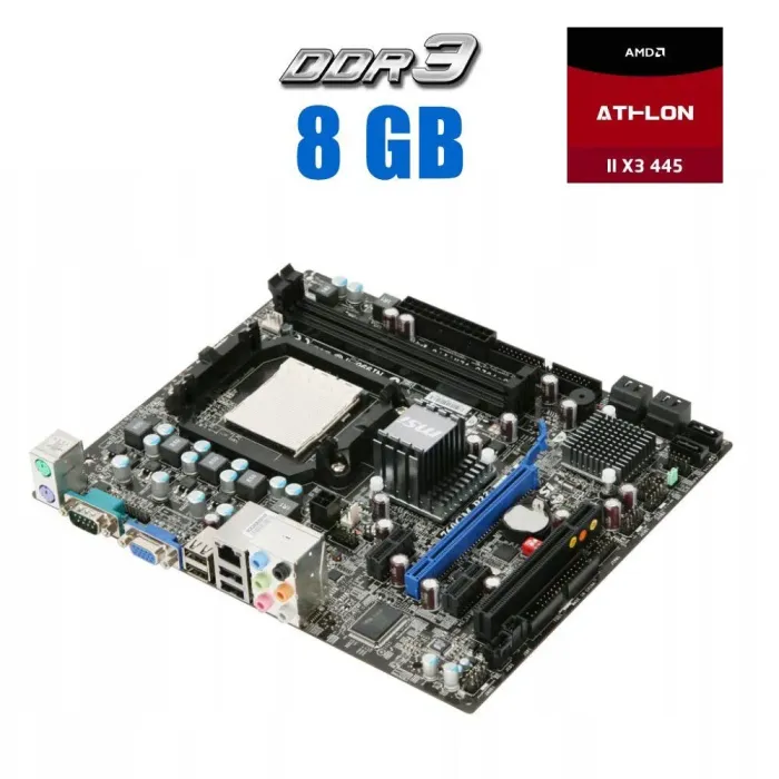 Комплект: Материнська плата MSI 760GM-P33 / AM3 / AMD Athlon II X3 445 (3 ядра по 3.1 GHz) / 8 GB DDR3 + Кулер б/в - зображення 1