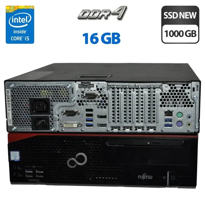 Комп'ютер Fujitsu Esprimo D757 E90+ SFF / Intel Core i5-6500 (4 ядра по 3.2 - 3.6 GHz) / 16 GB DDR4 / 1000 GB SSD / Intel HD Graphics 530 / Windows 11 Pro б/в - зображення 1