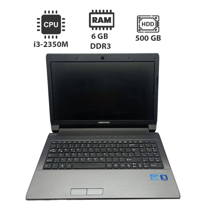 Ноутбук Medion Akoya 156 / 15.6" (1366x768) TN / Intel Core i3-2350M (2 (4) ядра по 2.3 GHz) / 6 GB DDR3 / 500 GB HDD / Intel HD Graphics 3000 / WebCam б/в - зображення 1