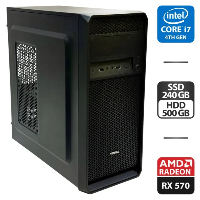 Комп'ютер Vinga CS 210B Tower / Intel Core i7-4790S (4 (8) ядра по 3.2 - 4.0 GHz) / 16 GB DDR3 / 240 GB SSD + 1000 GB HDD / AMD Radeon RX 570, 4 GB GDDR5, 256-bit / 500W б/в - зображення 1
