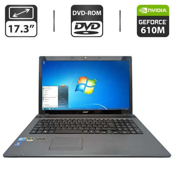 Ноутбук Acer Aspire 7739G / 17.3" (1600x900) TN / Intel Core i3-380M (2 (4) ядра по 2.5 GHz) / 6 GB DDR3 / 500 GB HDD / nVidia GeForce 610M, 1 GB GDDR3, 64-bit / WebCam / DVD-ROM б/в - зображення 1