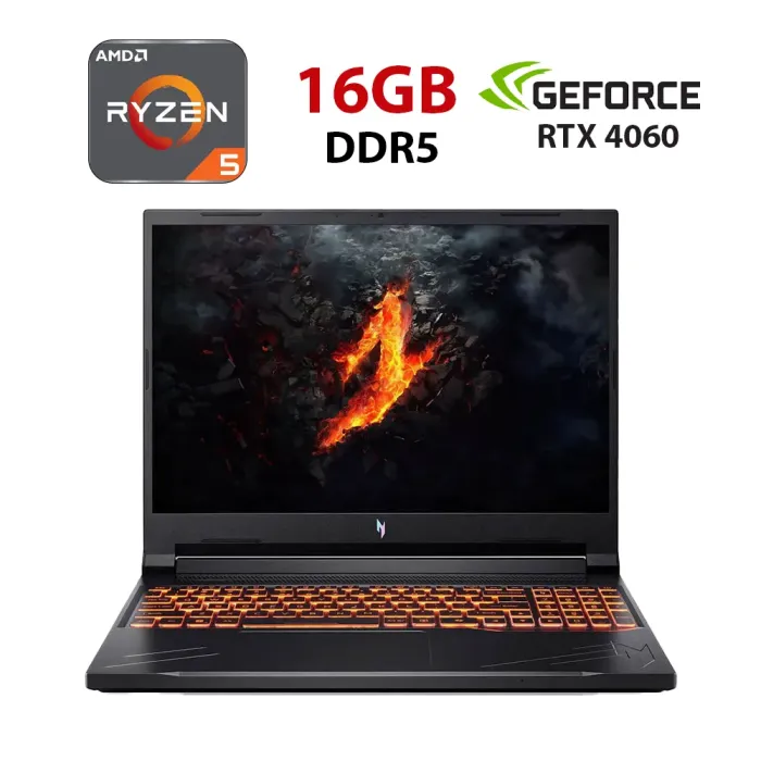 Ігровий ноутбук Acer Nitro V16 ANV16-41-R12R / 16" (1920x1200) IPS / AMD Ryzen 5 8645HS (6 (12) ядер по 4,3 - 5,0 ГГц) / 16 ГБ DDR5 / 240 ГБ SSD / nVidia GeForce RTX 4060, 8 ГБ GDDR6, 128-bit / WebCam б/в - зображення 1