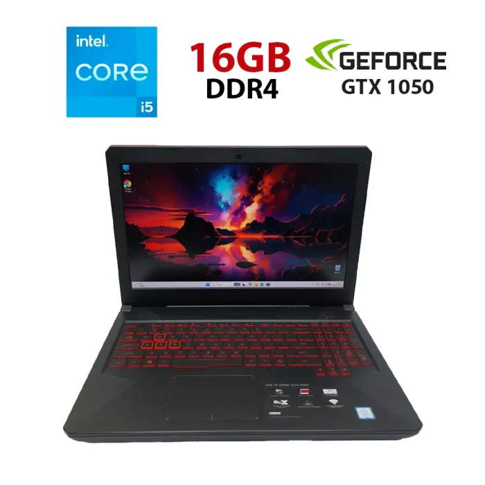 Ігровий ноутбук Asus TUF Gaming / 15,6" (1920x1080) IPS / Intel Core i5-8300H (4 (8) ядра по 2,3 - 4,0 ГГц) / 16 ГБ DDR4 / 256 ГБ SSD + 500 ГБ HDD / nVidia GeForce GTX 1050, 2 ГБ GDDR5, 128-біт / WebCam б/в - зображення 1