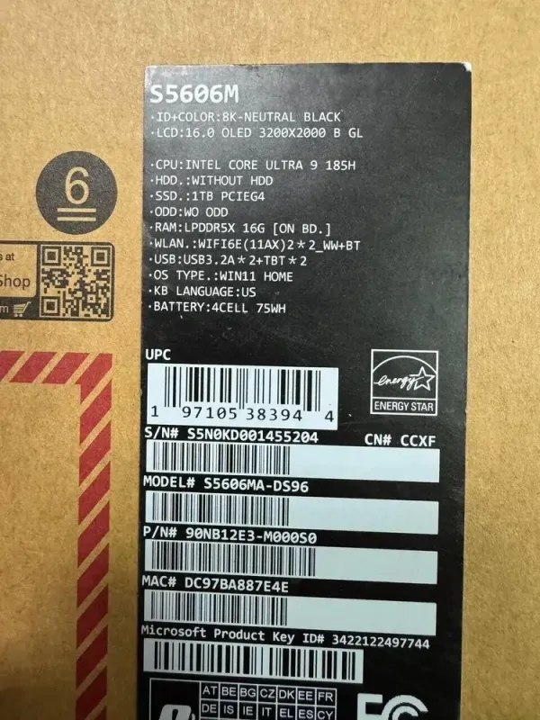 Ультрабук Asus Vivobook S 16 (S5606M) / 16" (3200x2000) OLED / Intel Core Ultra 9 185H (16 (22) ядра по 2.3 - 5.1 GHz) / 16 GB DDR5 / 1000 GB SSD M.2 / Intel Arc Graphics / WebCam / HDMI - зображення 9