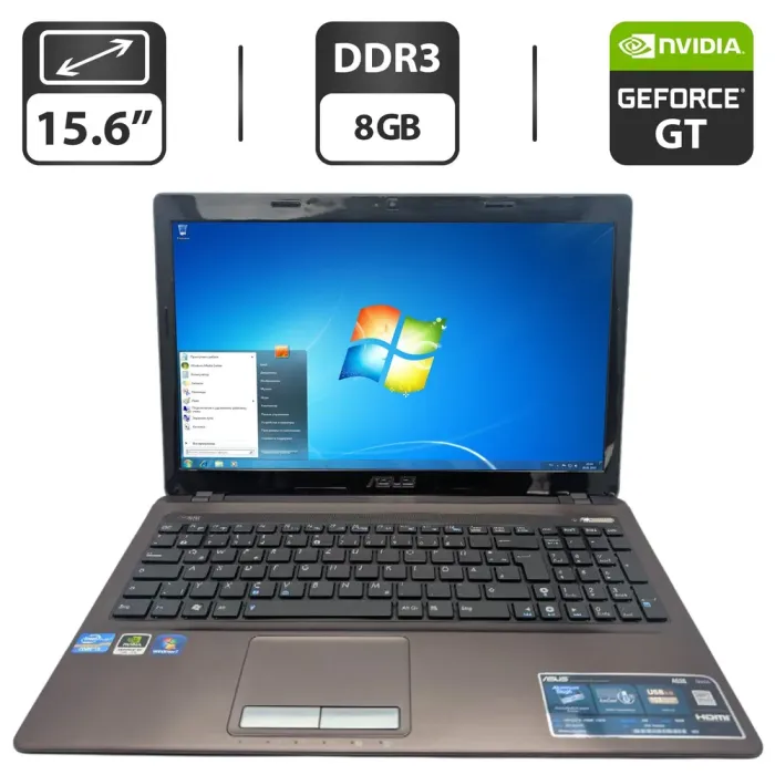 Ноутбук Asus A53S / 15.6" (1366x768) TN / Intel Core i5-2450M (2 (4) ядра по 2.5 - 3.1 GHz) / 8 GB DDR3 / 500 GB HDD / nVidia GeForce GT 630M, 1 GB GDDR5, 128-bit / WebCam / DVD-ROM б/в - зображення 1