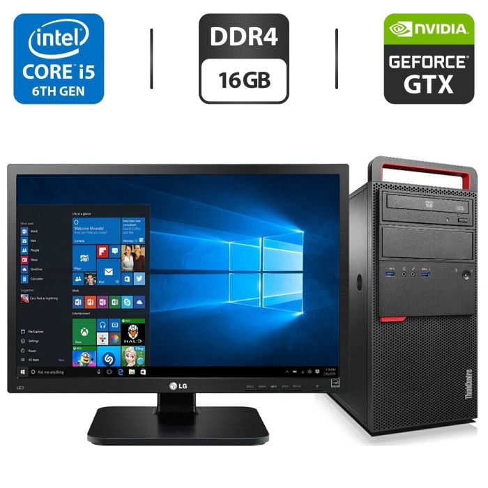 Комплект: Lenovo ThinkCentre M800 Tower / Intel Core i5-6500 (4 ядра по 3,2 - 3,6 ГГц) / 16 ГБ DDR4 / 250 ГБ SSD + 500 ГБ HDD / nVidia GeForce GTX 750 Ti, 2 ГБ GDDR5, 128-bit / DVD-ROM + Монітор LG 24MB37PM-B / 24" (1920x1080) IPS б/в - зображення 1