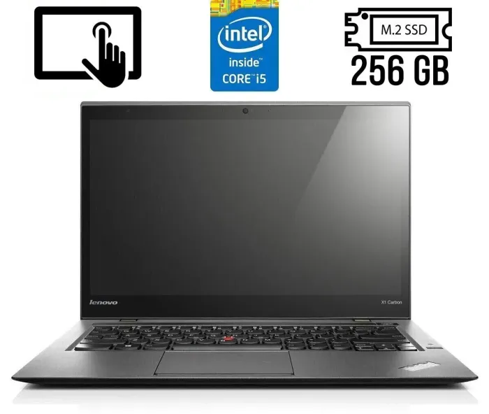 Ультрабук Б-клас Lenovo ThinkPad X1 Carbon (2nd Gen) / 14" (2560x1440) IPS Touch / Intel Core i5-4300U (2 (4) ядра по 1.9 - 2.9 GHz) / 4 GB DDR3 / 256 GB SSD M.2 / Intel HD Graphics 4400 / WebCam / Fingerprint/ HDMI / miniDP б/в - зображення 1